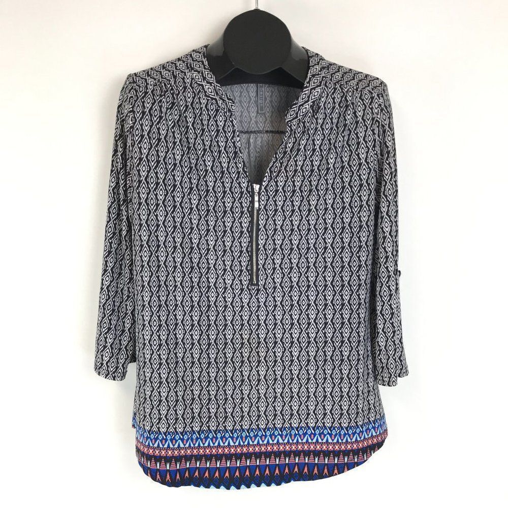 By Design Split Neck Tunic Women's Large Roll Tab Sleeves Stretch Knit Zipper